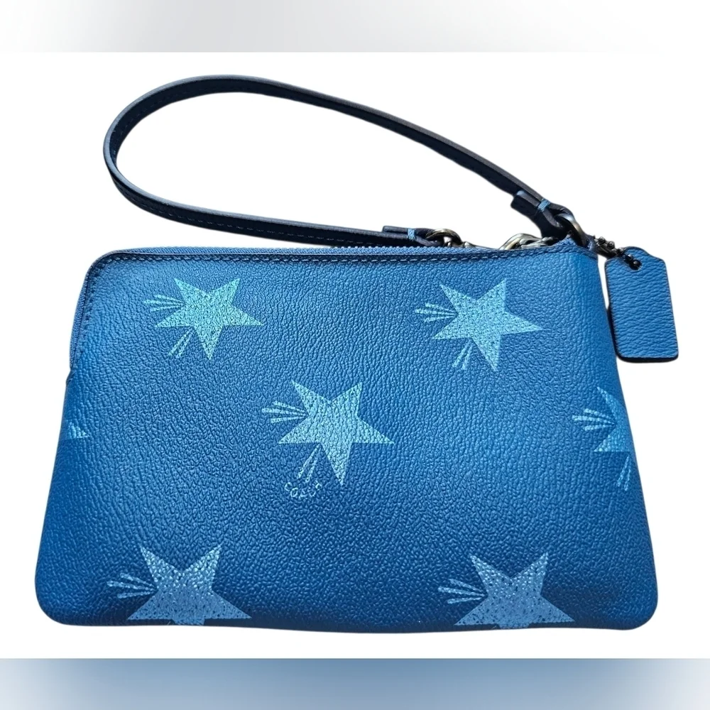Coach Corner Zip Wristlet, Star Printed Canvas In Slat Blue. New Without Tags